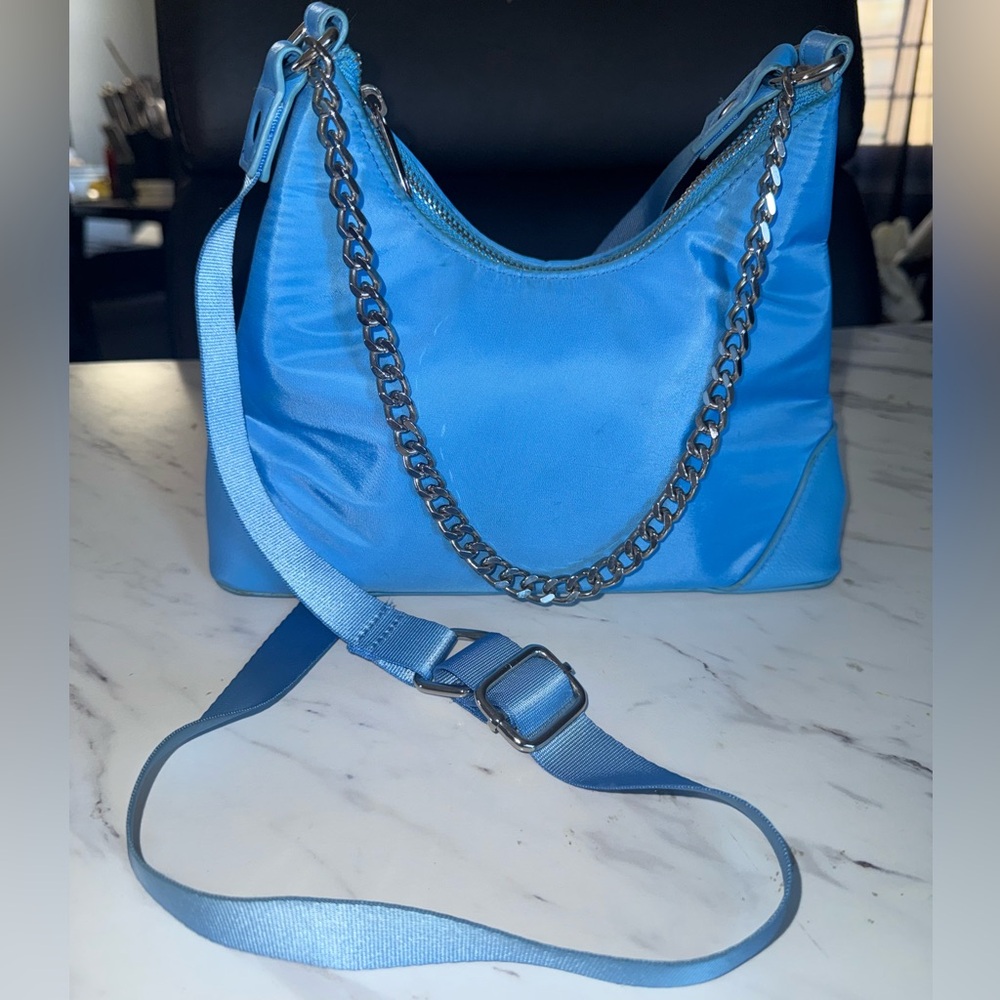 Blue Women's Shoulder Bag with Chain Accent
